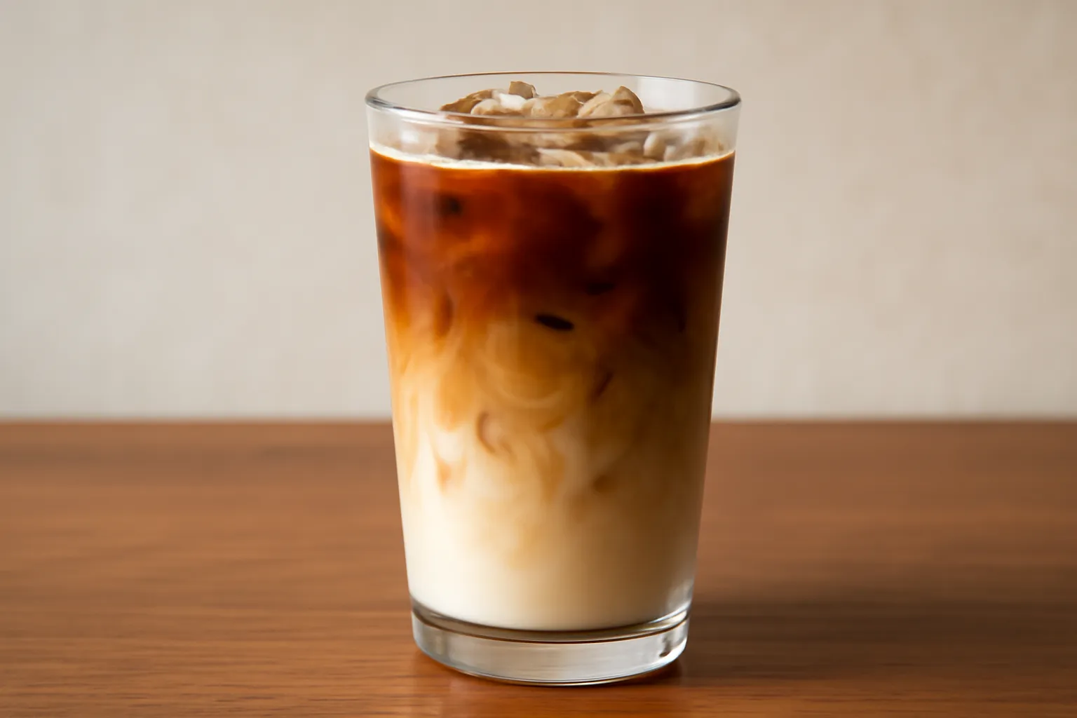 Ly cà phê sữa đá với lớp sữa loang dưới đáy