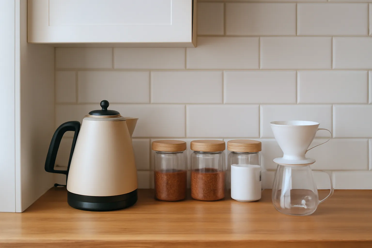 Góc bếp nhỏ gọn với ấm, hũ và phin xếp thẳng hàng