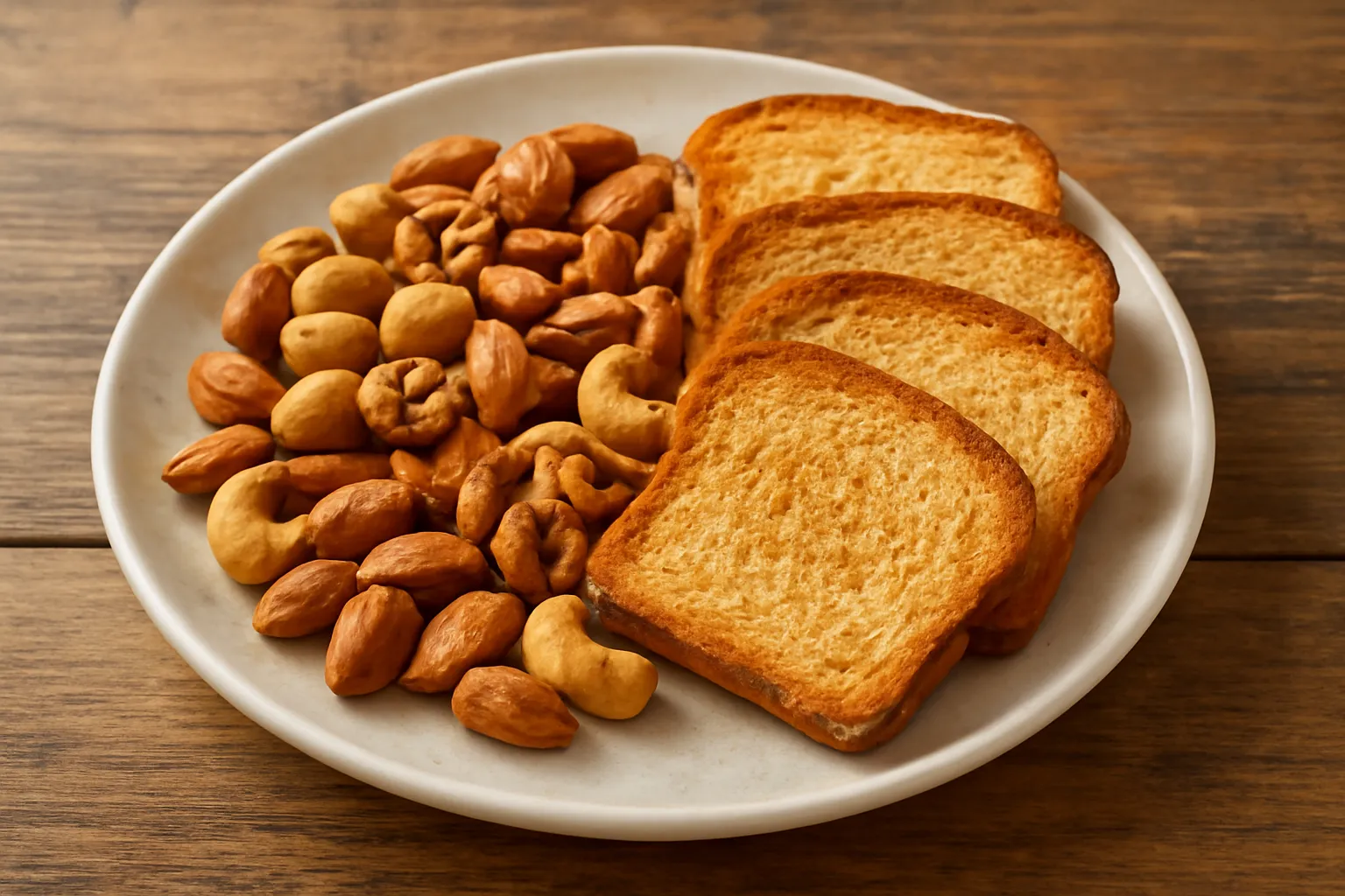 Đĩa hạt rang và mấy lát bánh mì nướng trên bàn